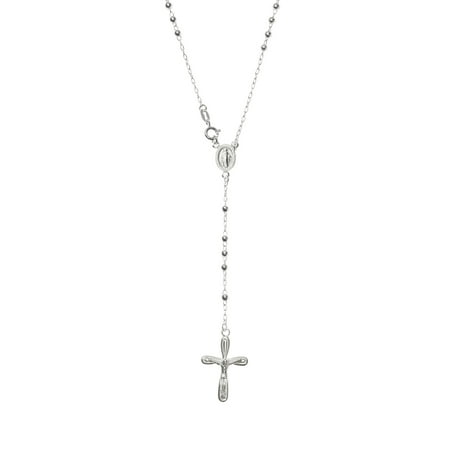 Sterling Silver 3mm Round Bead Jesus Christ Crucifix Cross Mother Mary Medal Rosary Necklace,