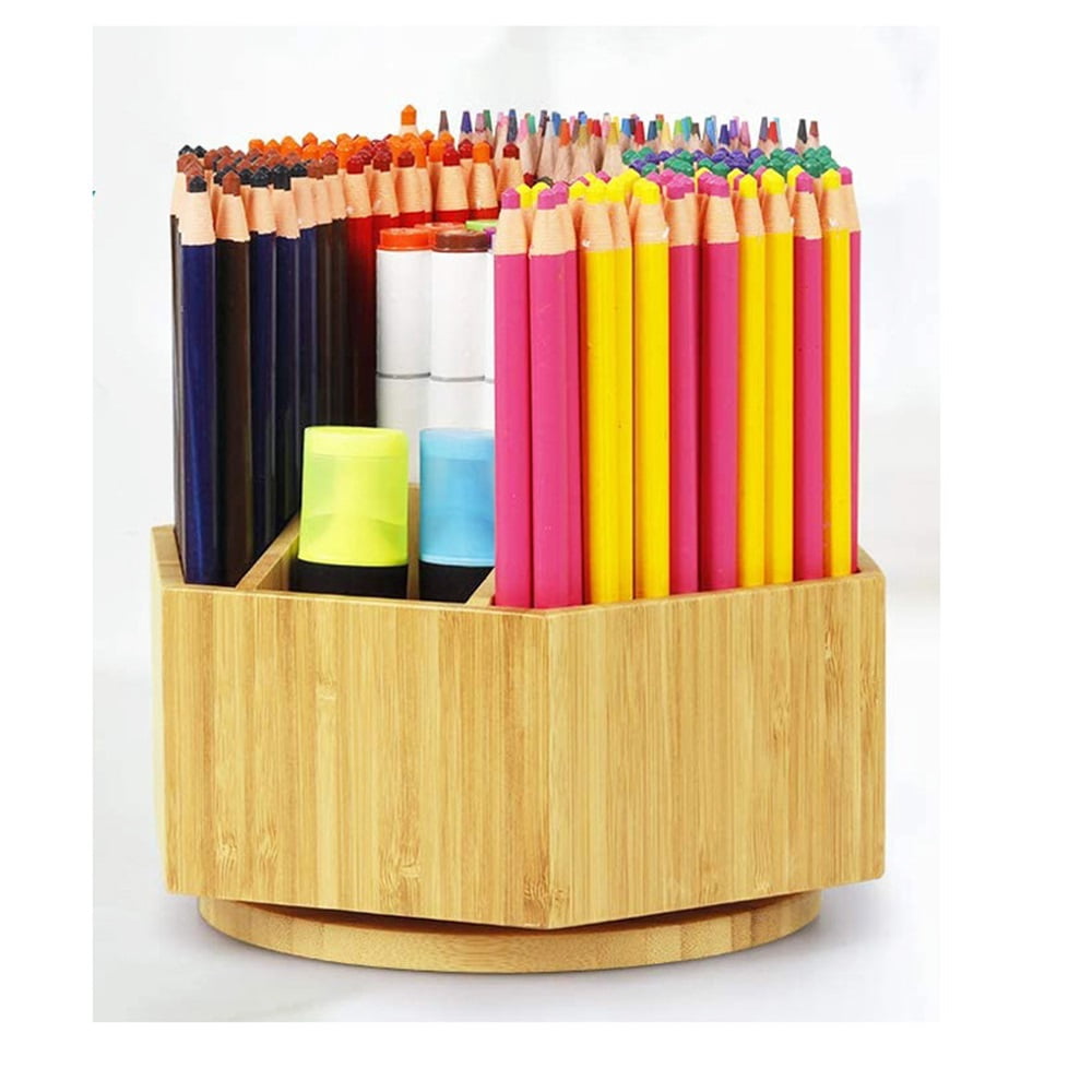 walowalo Bamboo Rotating Art Supply Organizer Holds Pencils Spinning Crayon Marker Organzier Holder Christmas Gift Desk Brush Storage for Office Classroom Organization Stationary