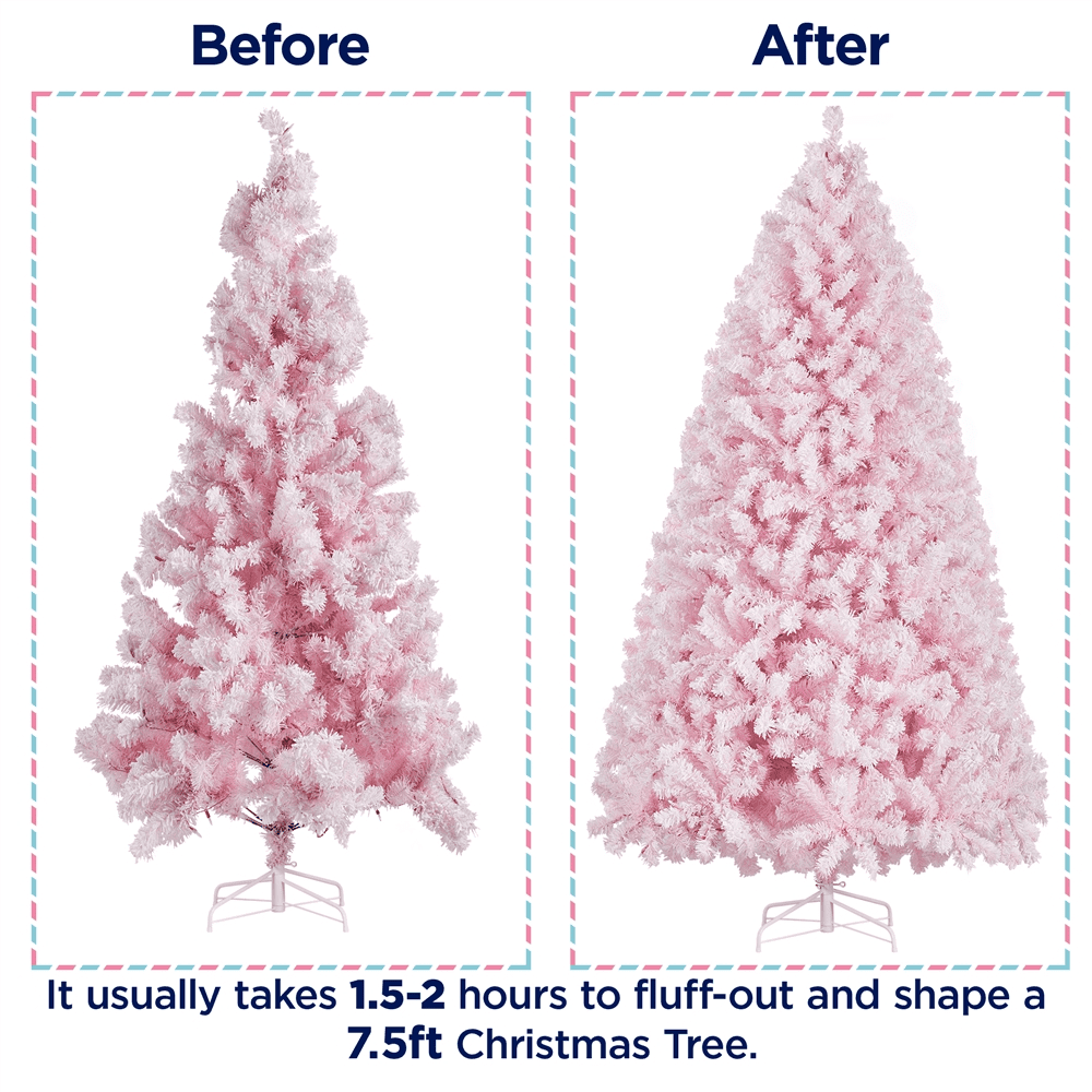 Alden Design 7.5 Ft Pre-lit Flocked Christmas Tree with Warm Lights, Pink