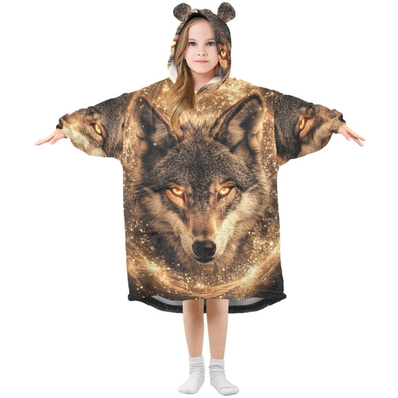 Wolf Face with Shining Stars Flannel Wearable Blankets Hooded Design Long Sleeves Wrap Unisex for 3T-14Y S