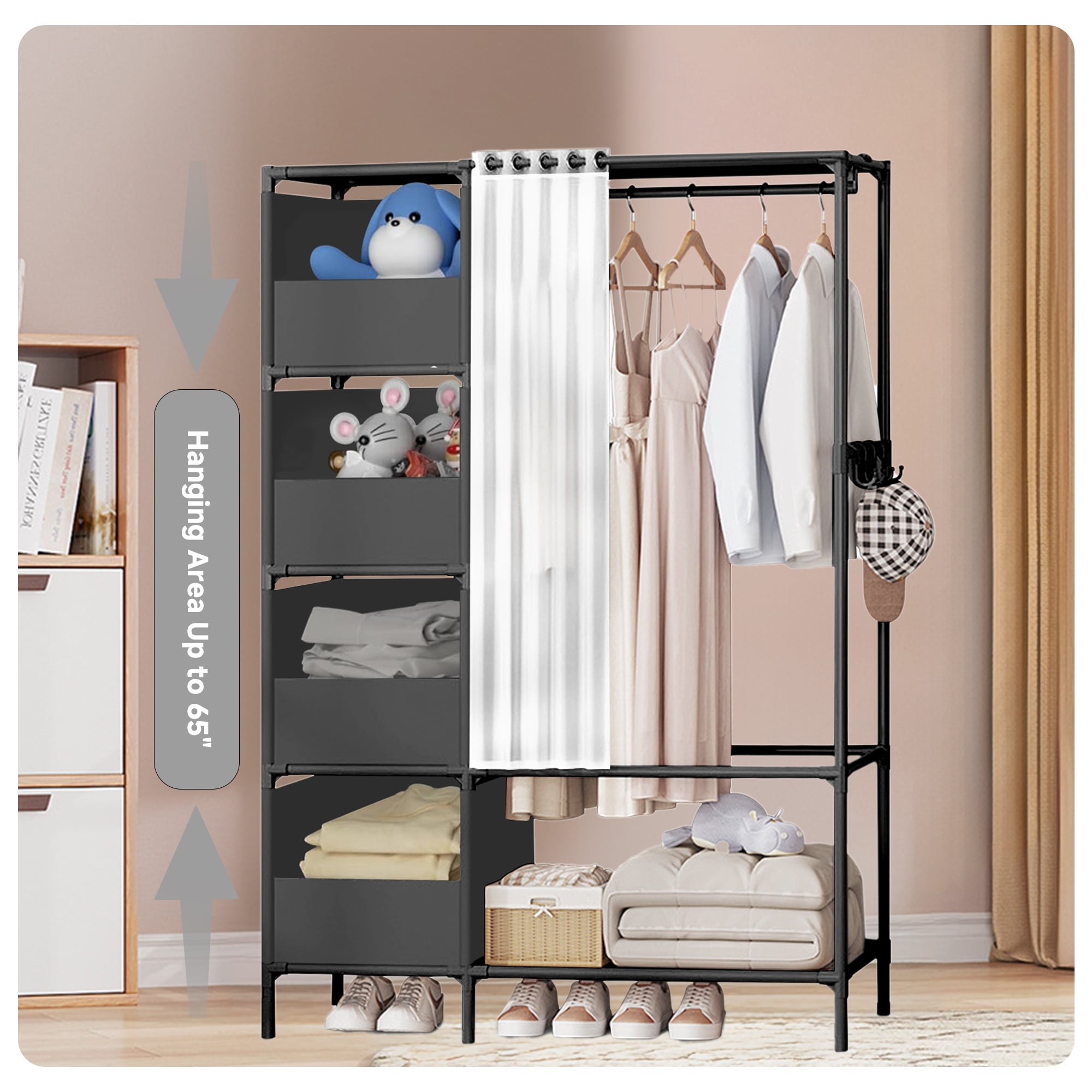 Portable Closet, Brochao Portable Wardrobe with 4 Storage Closet, Clothes Storage Cabinet with Curtain, for Living Room, Bedroom, Clothes Room, Black