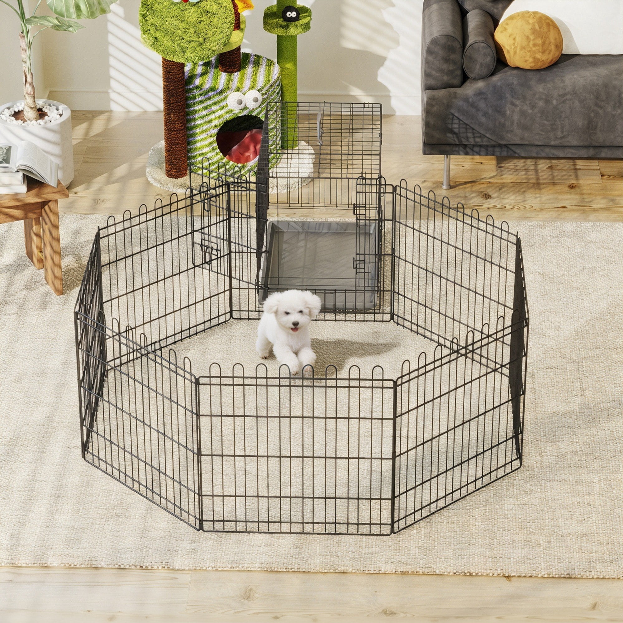 Scalloped Dog Playpen, 24-Inch Tall, 8-Panel Foldable Metal Pet Fence, Black