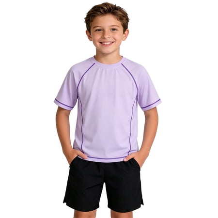 dazeni Girls Athletic Shirts Kids Short Sleeve Crewneck Quick Dry Workout Yoga Tops Breathable Striped Tee Activewear for Summer Running Purple 15 Years