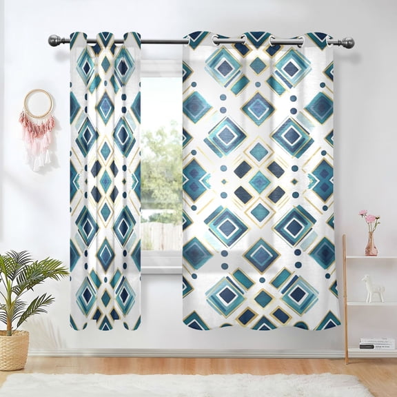 Yayeee Window Curtains Light Filtering 63"x42" Grommet Panel Pair Home Living Room Decor, Green Geometric Pattern