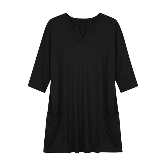 Tops for Women 3/4 Sleeve V Neck Summer Casual Solid Color Extra Long Double Pocket T-Shirt
