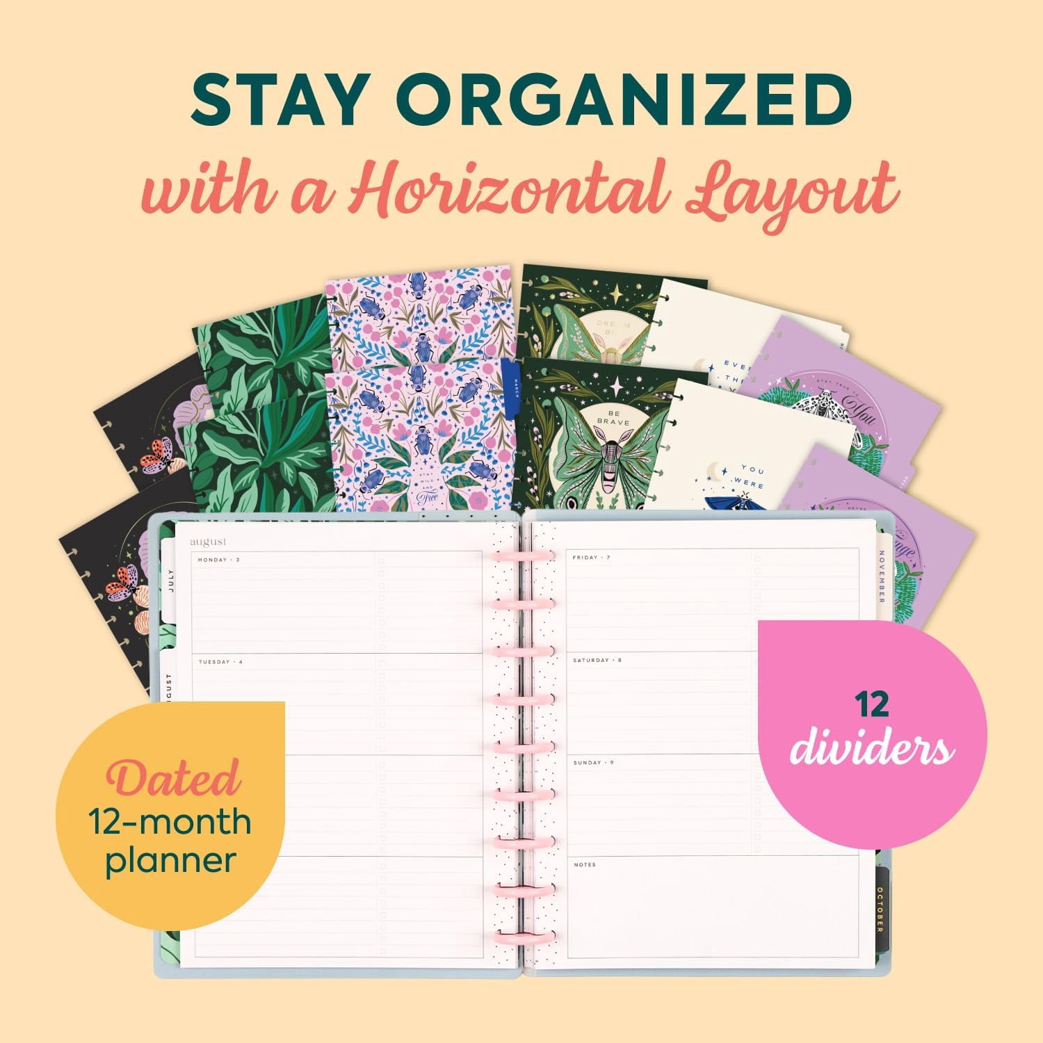 Happy Planner Disc-Bound Planner July 2026–June 2027, Includes 3 Extra Months and 2 Sticker Sheets, Classic Size, 7" x 9.25", Horizontal Layout, Mystic Moths Sage