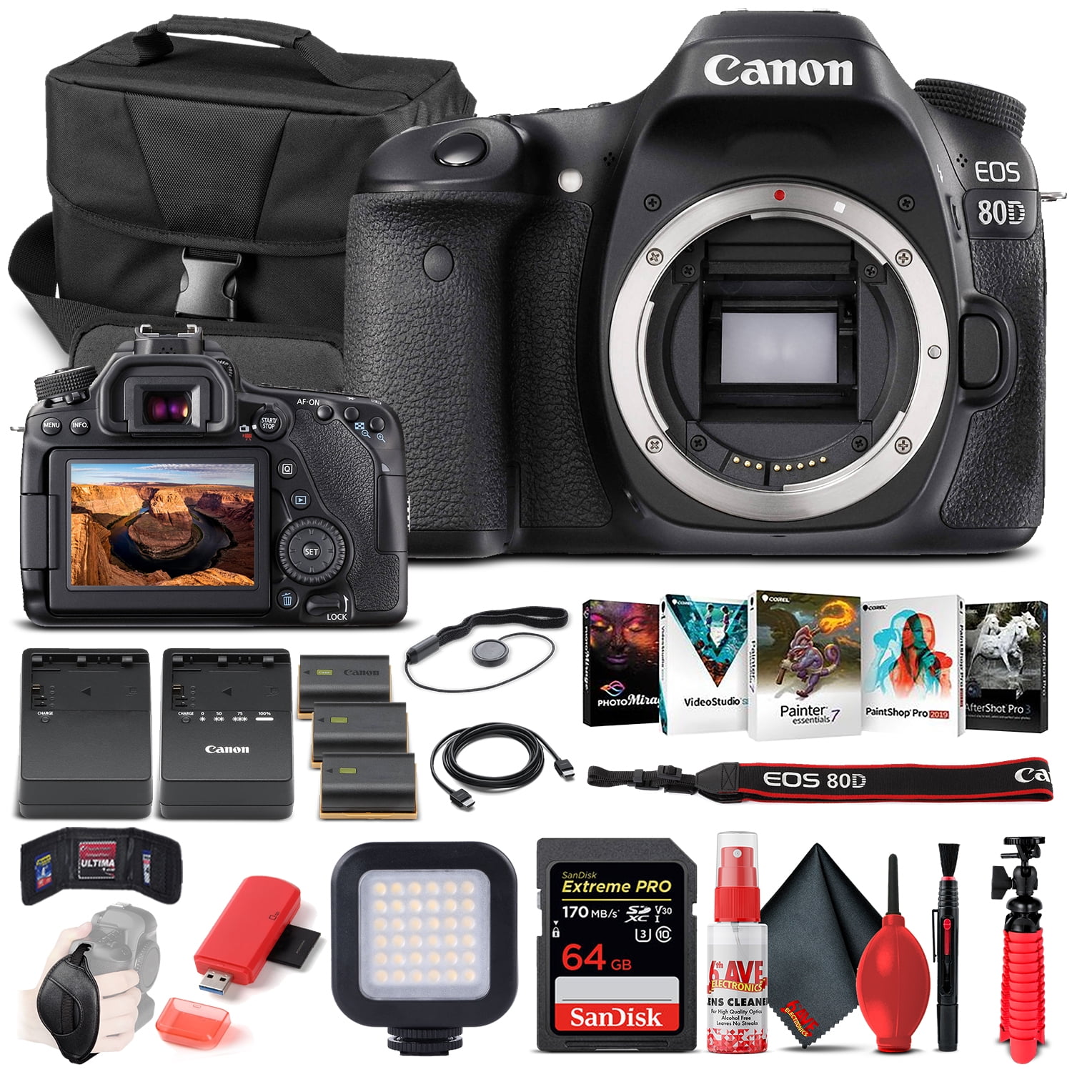 Canon EOS 80D DSLR Camera Body with 64GB SD Card Cleaning Kit & Accessories - Advanced Set (International Version)