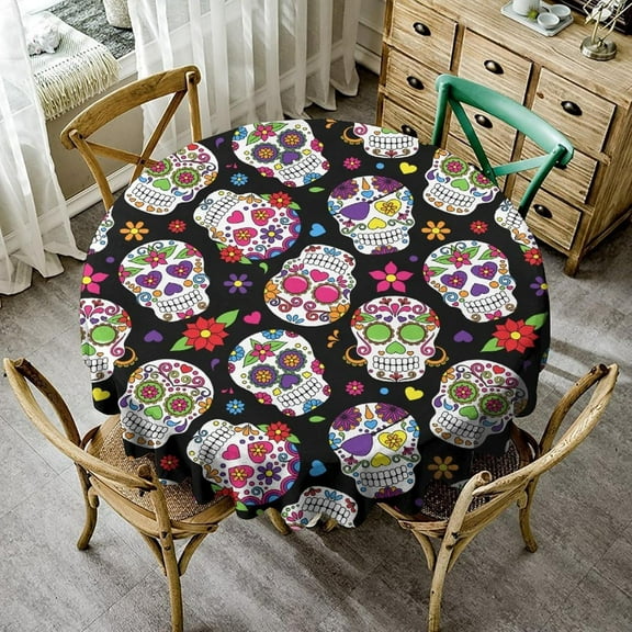 Funny Sugar Skull Tablecloth, Day of The Dead Graveyard Mexico Floral Print Round Table Cloth for Kitchen Dining Room Halloween Party, Black Green, Round(60x60in)