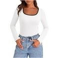 thumbnail image 4 of cfhntfmh Womens Fall Tops Fashion Long Sleeve Square Neck Slim Basic T Shirts Color Block Going out Shirt, 4 of 6