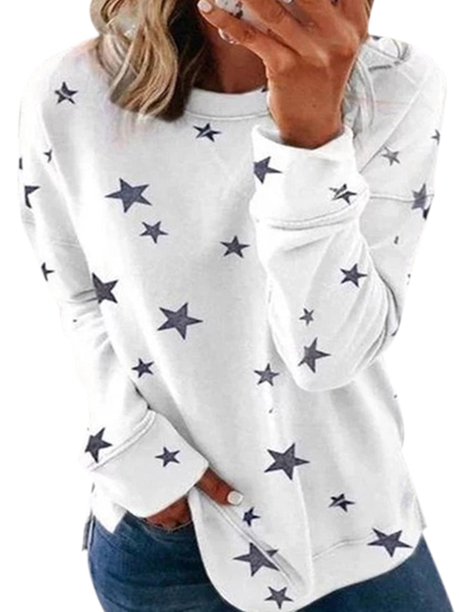 Plus Size Women Long Sleeve T Shirt Tops Ladies Loose Star Printed Casual Blouse