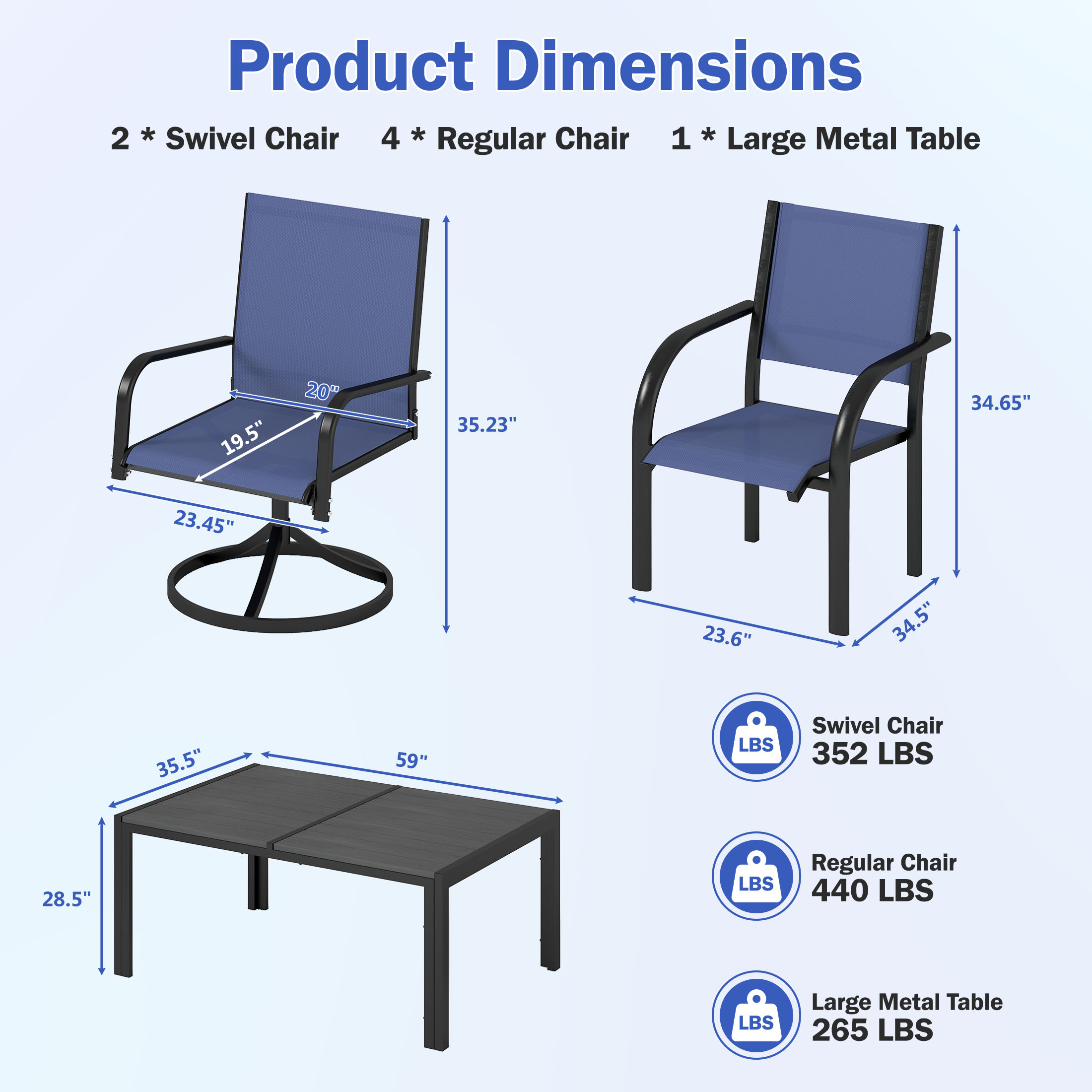 Patio Dining Set, Enyopro 7 Piece Outdoor Dining Set for 6, Patio Dining Furniture set with Swivel Textilence Chairs and Dining Table, for Garden Patio Backyard, Blue