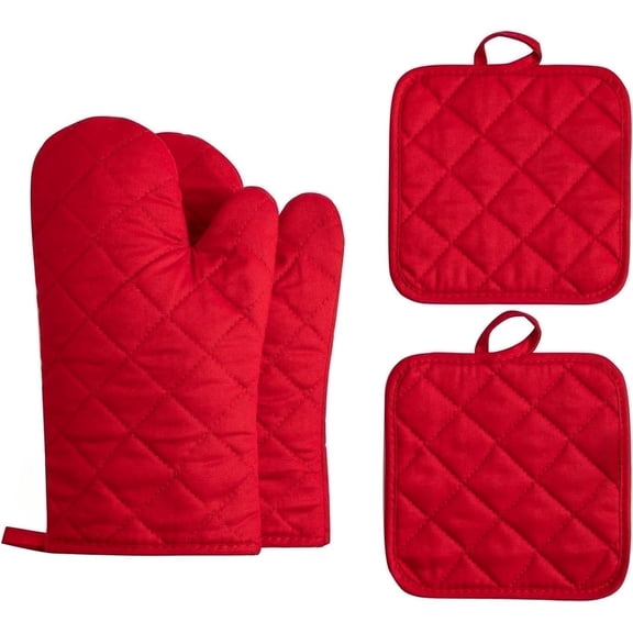 Heavy Duty 500°F Heat Resistant Oven Mitts and Pot Holder Sets, 12" Long 100% Cotton 4-Piece Kitchen Set,Red