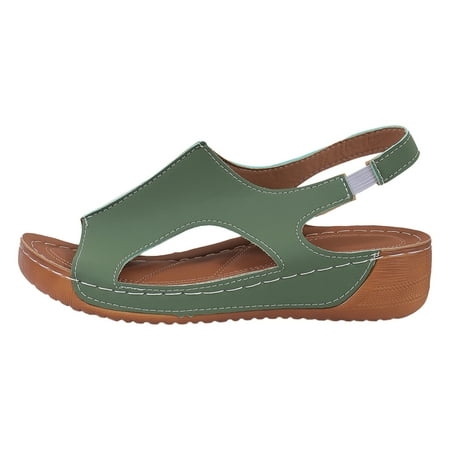 

Fandiiiii Ladies Summer Retro Pure Colour Leather Slope Heel Thick Bottom Large Size Set Foot Fish Mouth Sandals Neon Sandals
