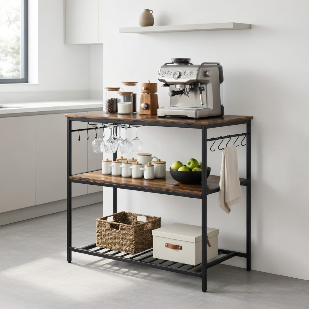 Resenkos 3 Shelves Kitchen Island Industrial Prep Table with Bottom Wine Rack-Rustic Brown, Storage Rack Microwave Oven Stand for Spices, Pots, and Pans