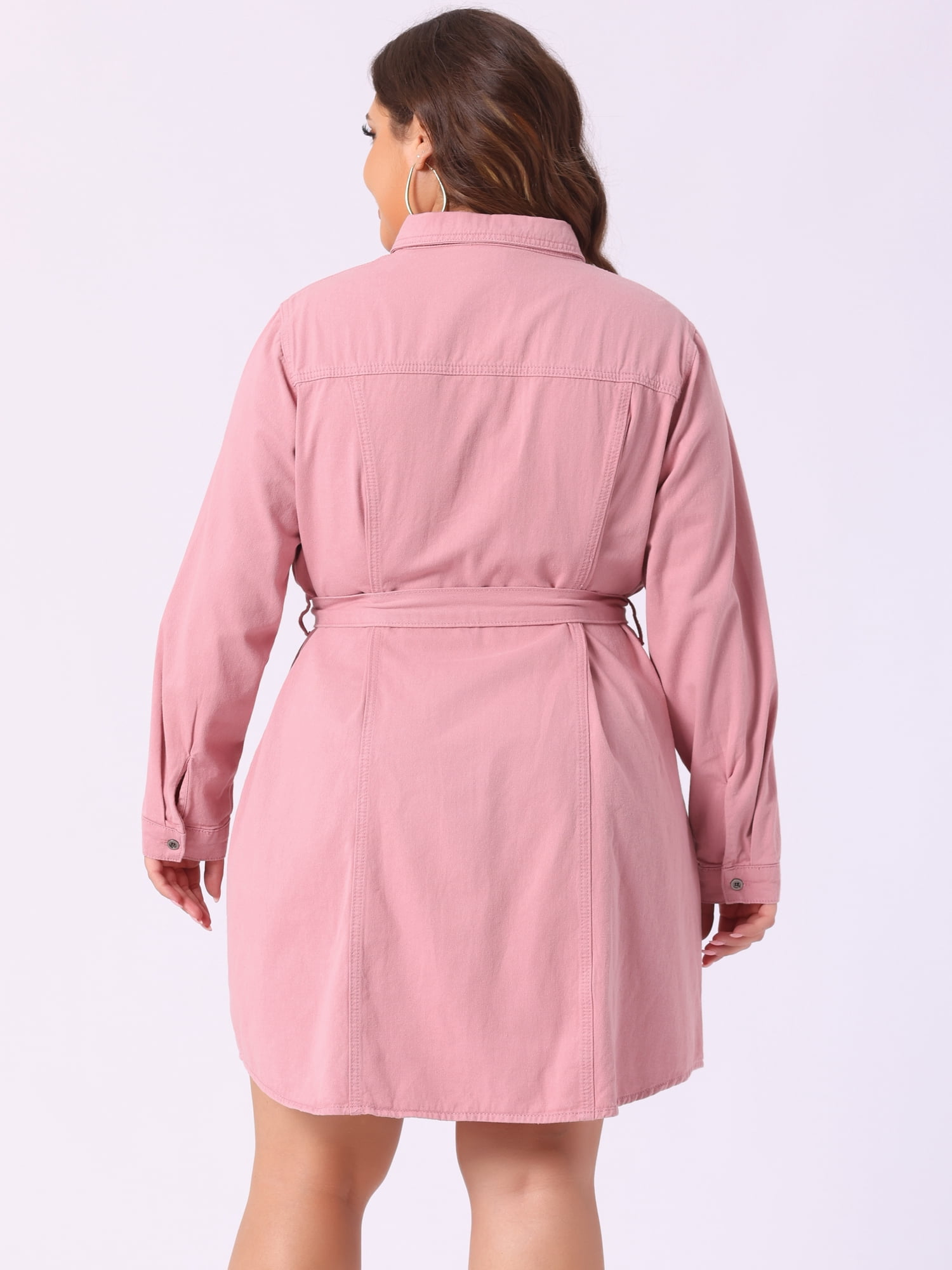 DARING DIVA Plus Size Long Sleeve Belted Above Knee Denim Shirt Dress 2X Pink