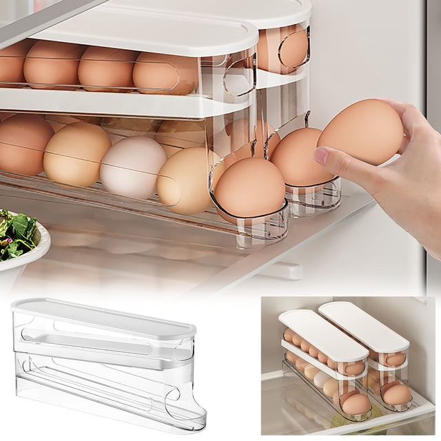 Baúles de almacenamiento, huevos de varios niveles para refrigerador, organizador de huevos con ruedas automáticas, dispensador de huevos que ahorra espacio, 30 huevos, estante para huevos de refriger