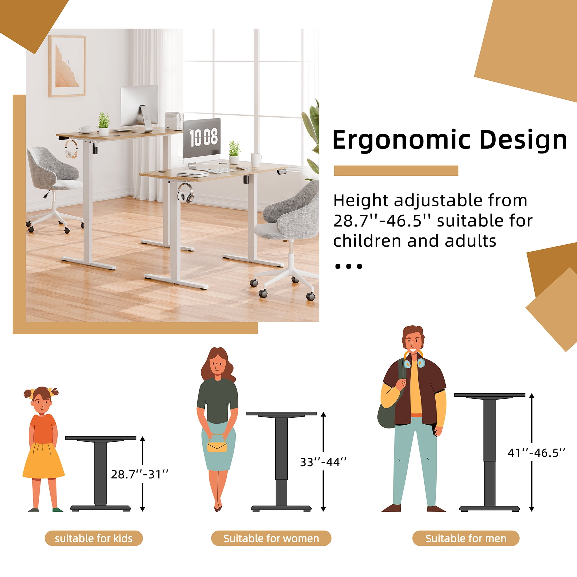 Walsunny Electric Standing Desk, Adjustable Height Gaming Desk, 48 x 24 Inches Ergonomic Stand Desk with Electric Lift, Home Office Desk with White Frame/Walnut Top