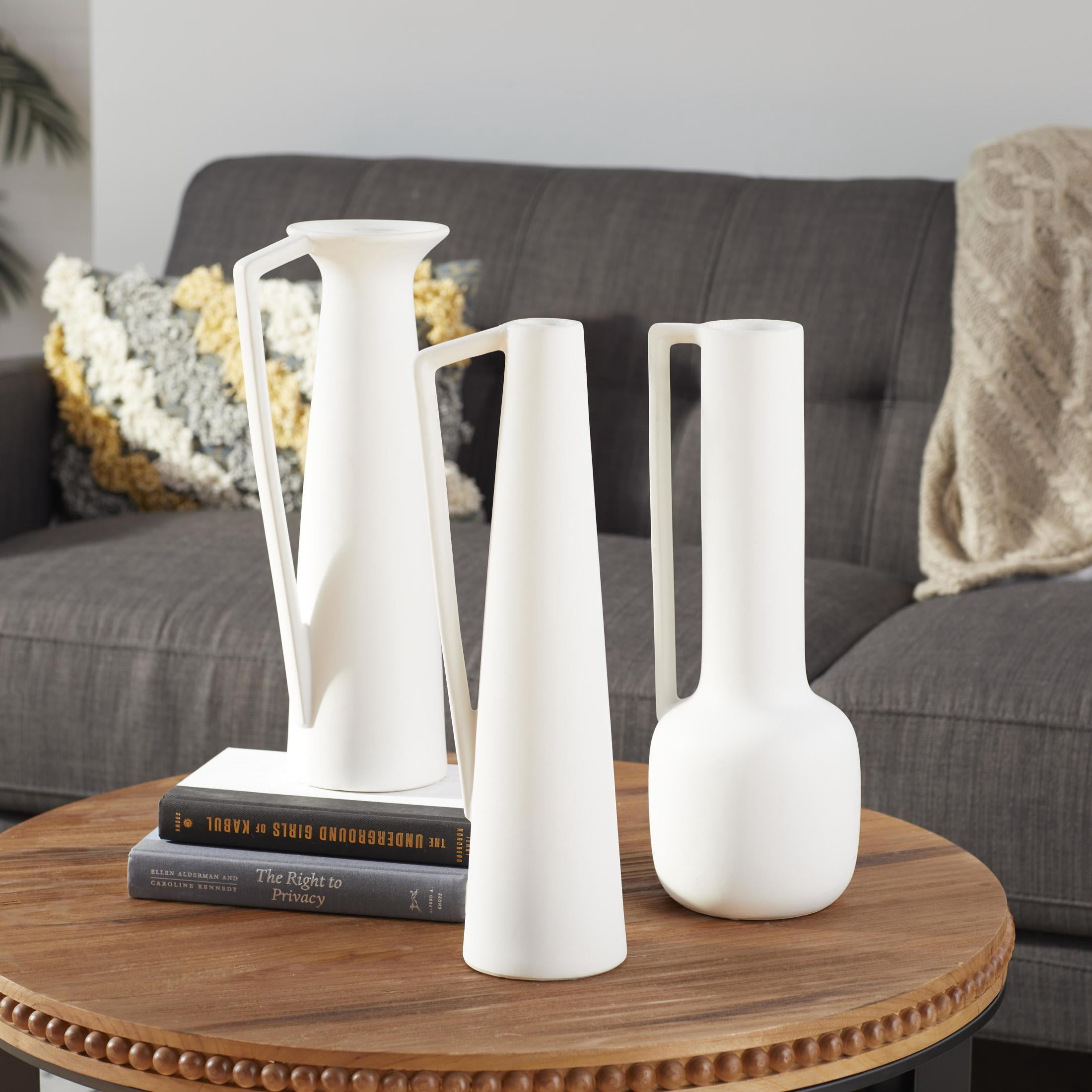 CosmoLiving by Cosmopolitan 17", 16", 16"H White Ceramic Vase with Sleek Handles, Set of 3