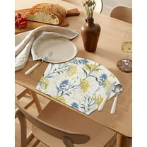 Round Table Placemats Set of 6 Vintage Floral Plant, Wedge Shape Place Mats for Dining Table, Heat-Resistant Washable Wipe Clean Table Mat Decoration 11.8x17.5 Inches, Yellow Blue