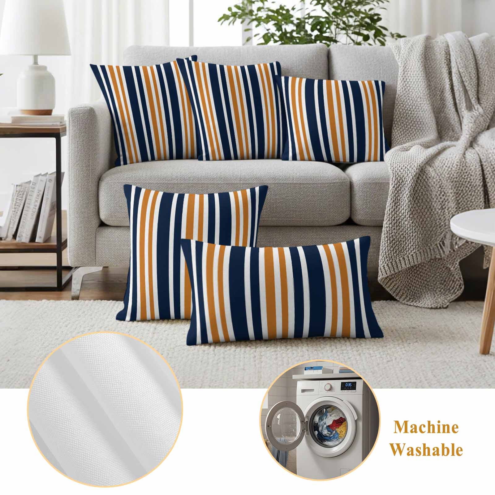 Orange Navy Blue Striped Outdoor Waterproof Pillow Covers, Modern Minimalist Ombre Lines Decorative Square Throw Pillowcase Sofa Cushion Sham for Patio/Couch/Chair, 26"x26" 2 Pack