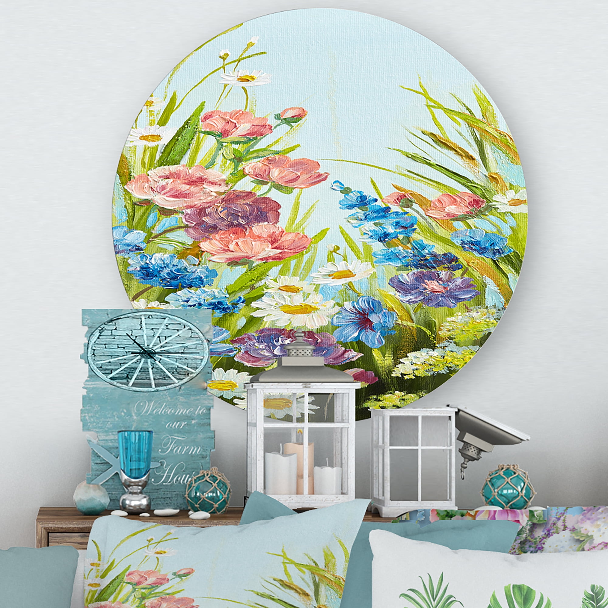 Designart 'Still Life Of Colorful Wildflowers With Leaves III' Traditional Circle Metal Wall Art 11x11 - Disc of 11