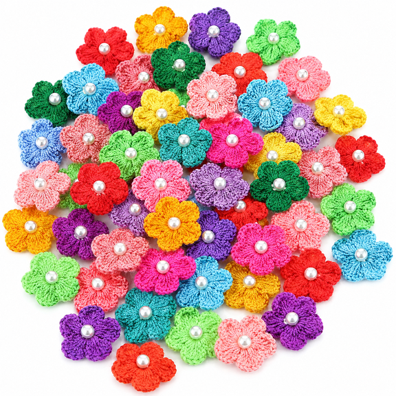 40 PCS Crochet Flower Appliques with Faux Pearl Centers, Colorful Knitted Flower Embellishments for Sewing,DIY Crafts and Decorations