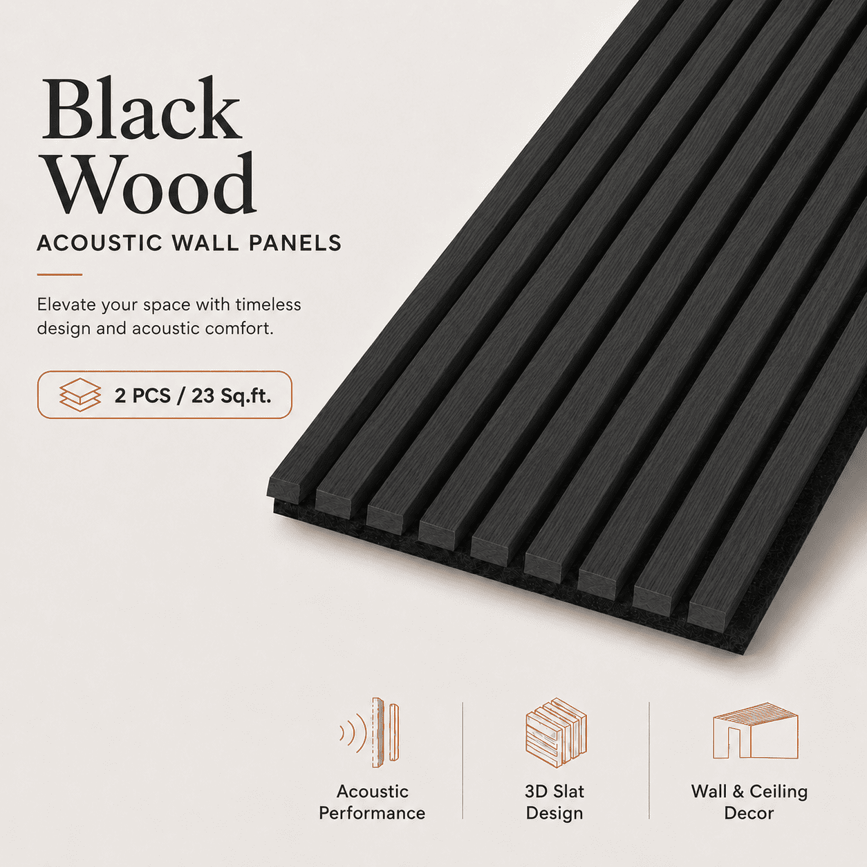 2-Pack 16" x 104" Wood Slat Acoustic Wall Panels, 23 Sq. Ft. Coverage, Black Wood Finish for Interior Walls and Ceilings