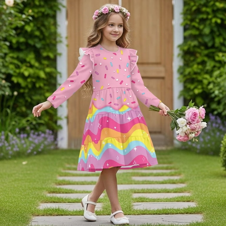 Fkelyi Pink Groovy Candy Star Print Girl Long Sleeve Dress Ruffle Sleeve Crew Neck Trim Dress for Birthday Party A Line Tiered Swing Pactchwork