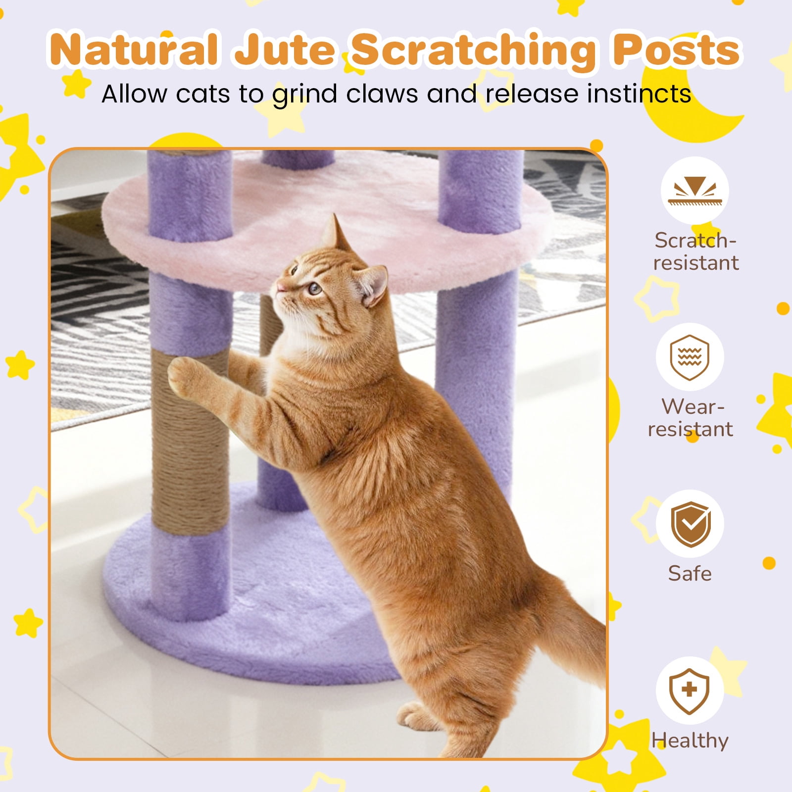 Costway 29” Cute Modern Cat Tree with Star & Moon Shaped Platforms, Jute Scratching Posts Purple