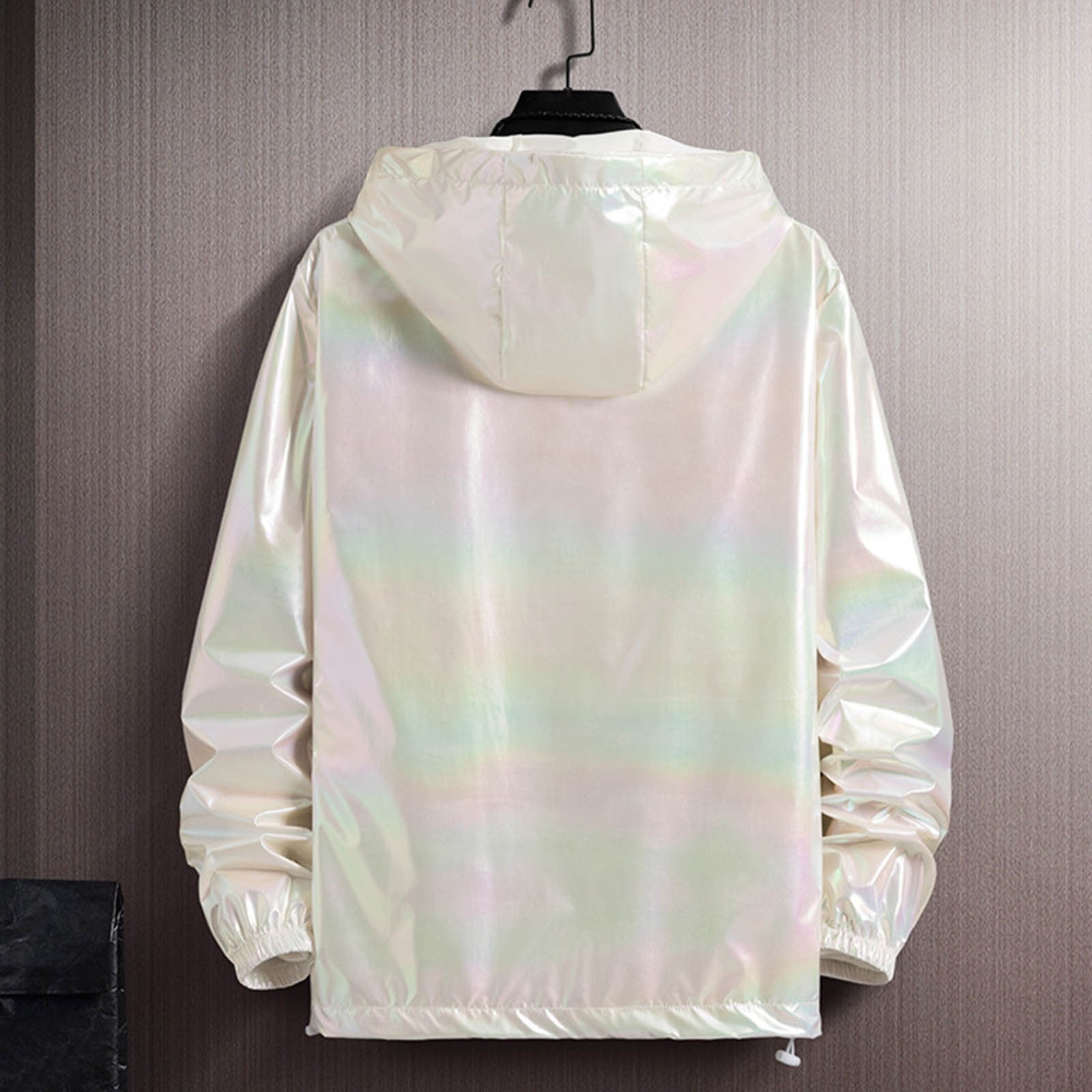 Tiweut Men's Metallic Jacket Lightweight Zip Up Holographic Shiny Hooded Blouse