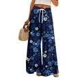 thumbnail image 2 of Women Palazzo Pants Summer Boho Baggy Wide Leg High Waist Flowy Beach Casual Trousers with Pockets Dark Blue S, 2 of 8