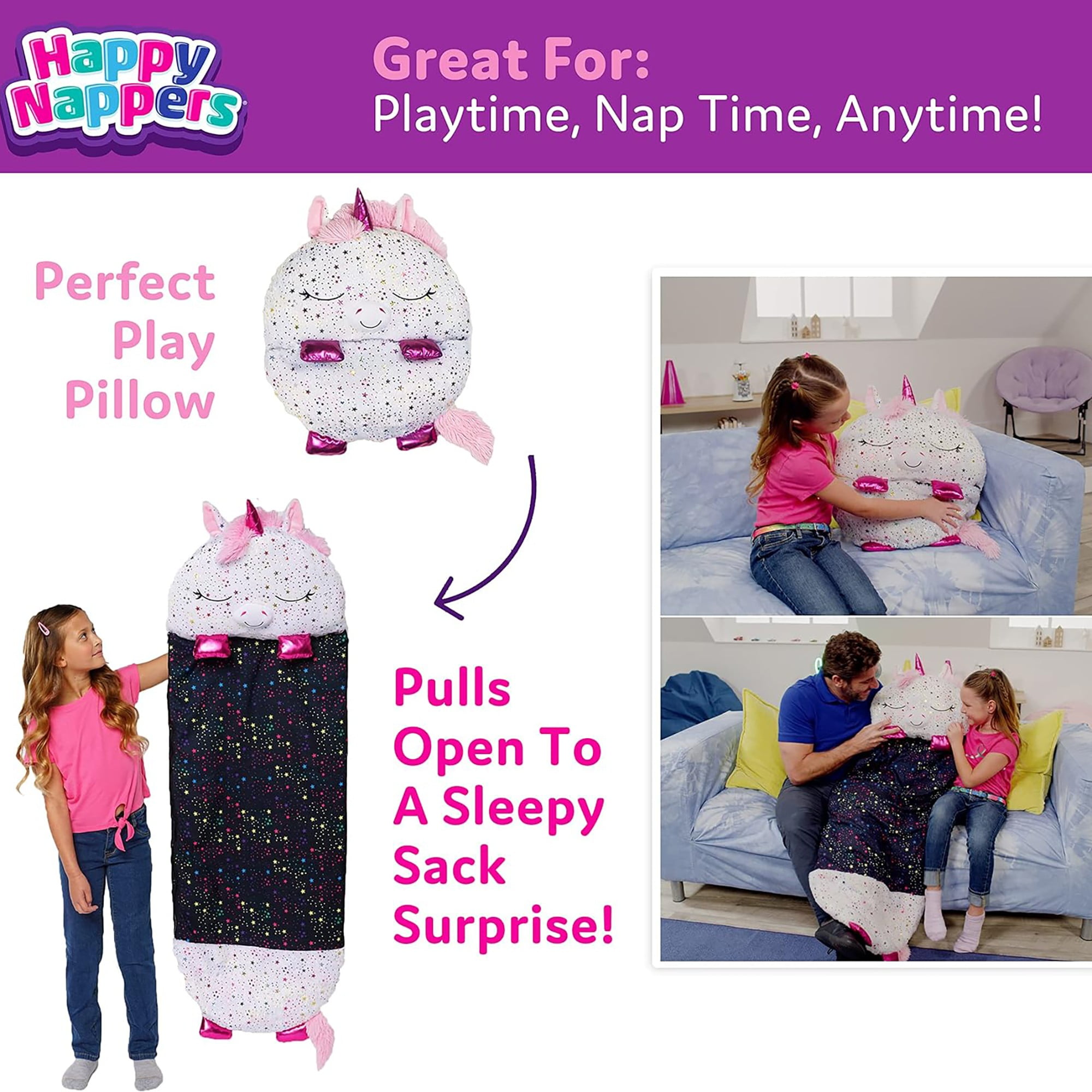 Happy Nappers: Pillow & Sleepy Sack: Medium - Shimmer Unicorn - 54 x 20", 2-In-1: Plush Animal Opens To Sleeping Bag, Soft Play & Nap Character, Kids 3+