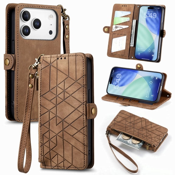 Decase Case Compatible with iPhone 17 Pro,Wallet Cover with Wrist Strap,Shockproof Leather Flip Zipper Credit Card Holder Stand Women Men,Brown