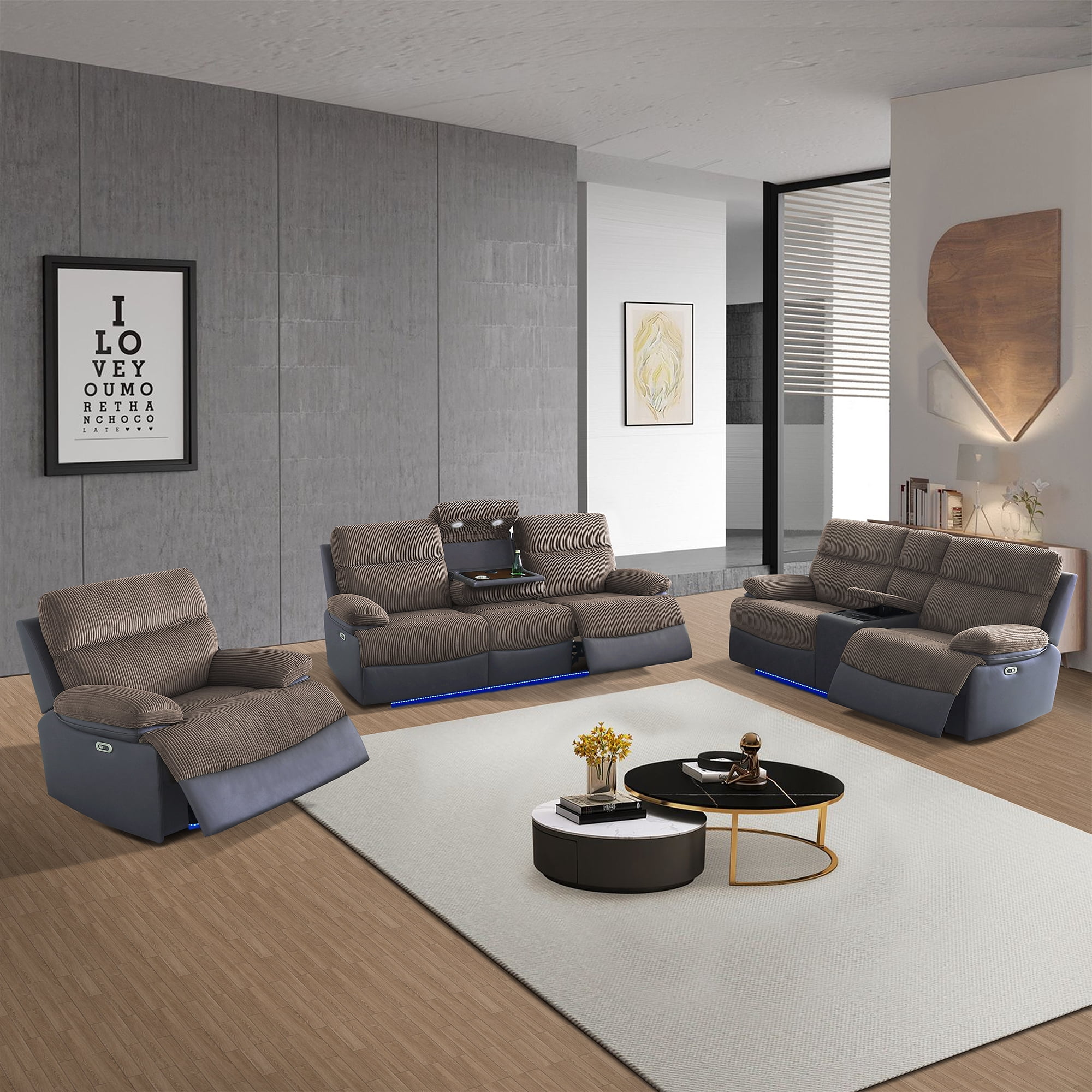 Gewnee 1+2+3 Power Recliner Sofa Set, Soft Flocking, Smart Reclining Sofa with USB & Wireless Charging, Storage, Cup Holders, LED Light for Living Room,Brown&Blackish Gray