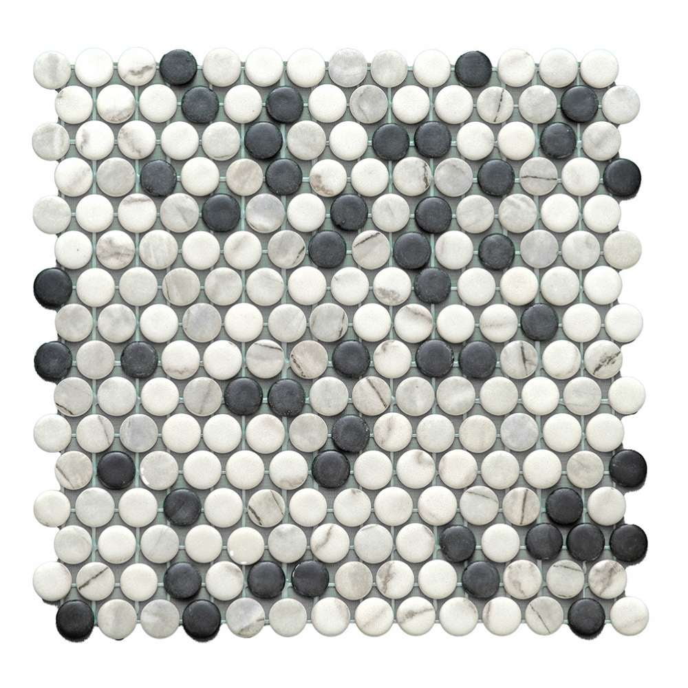The Tile Life Eterna Penny 4" x 4" Black & White Glass Round Mosaic Tile Sample 1 Piece