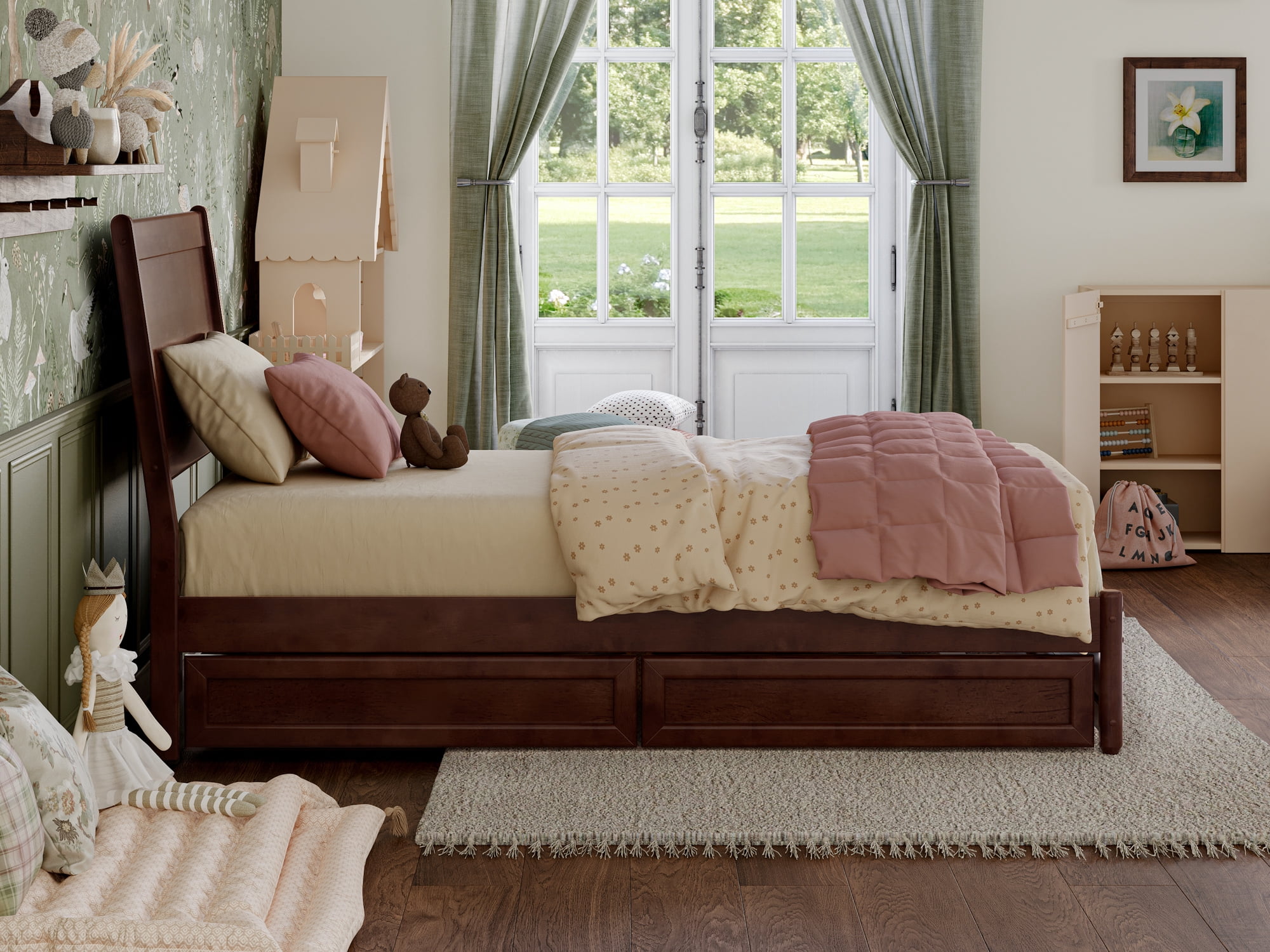 AFI Casanova Twin Solid Wood Platform Bed with Panel Footboard and Storage Drawers, Walnut