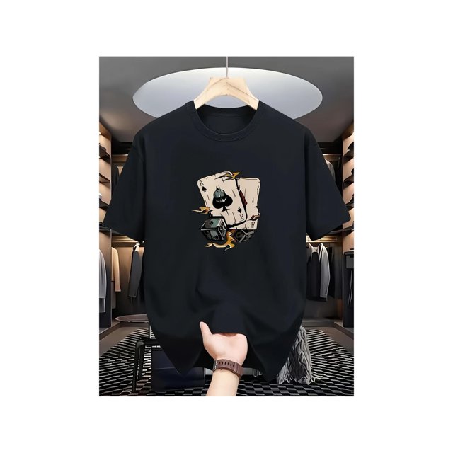 Cotton Short Sleeve T-Shirt Men's Casual Black T-Shirt with Intricate Skull and Mechanical Design - Polyester and Spandex Blend, Crew Neck, Short Sleeve, Summer Fashion Graphic Tee