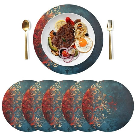 

joogoo Elegant Bohemia Flower Pattern Round Plate Mats for Dining Table Placemat Set of 6 Holiday Decoration