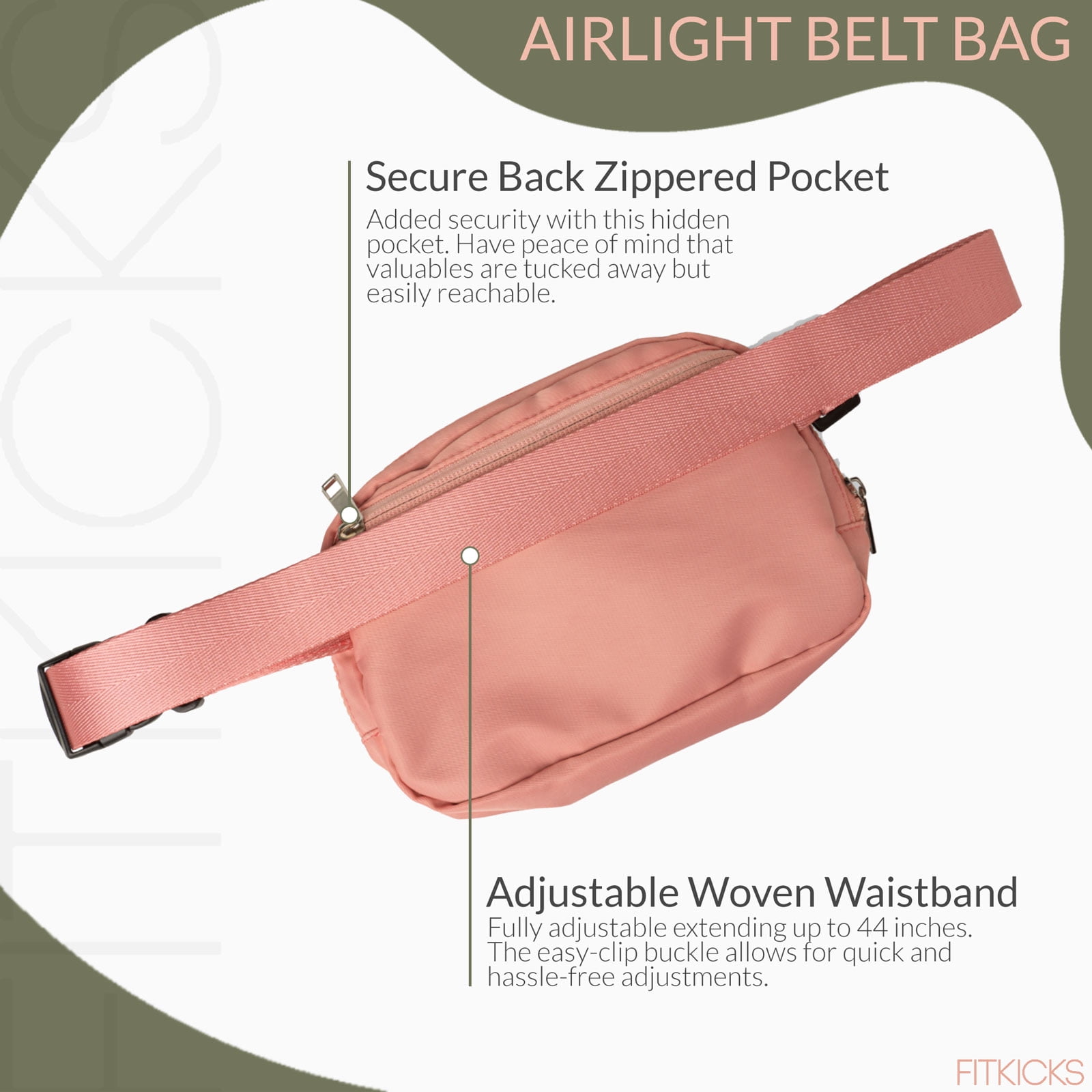 FITKICKS Airlight Belt Bag Lightweight Fanny Pack, Waist Pouch with Adjustable Strap - Pink