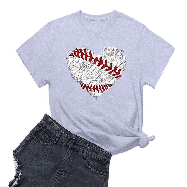 T-Shirt Oversize Femme Baseball T-Shirt Confortable Softball Col Rond Graphique T-Shirt Femme Gris Clair S