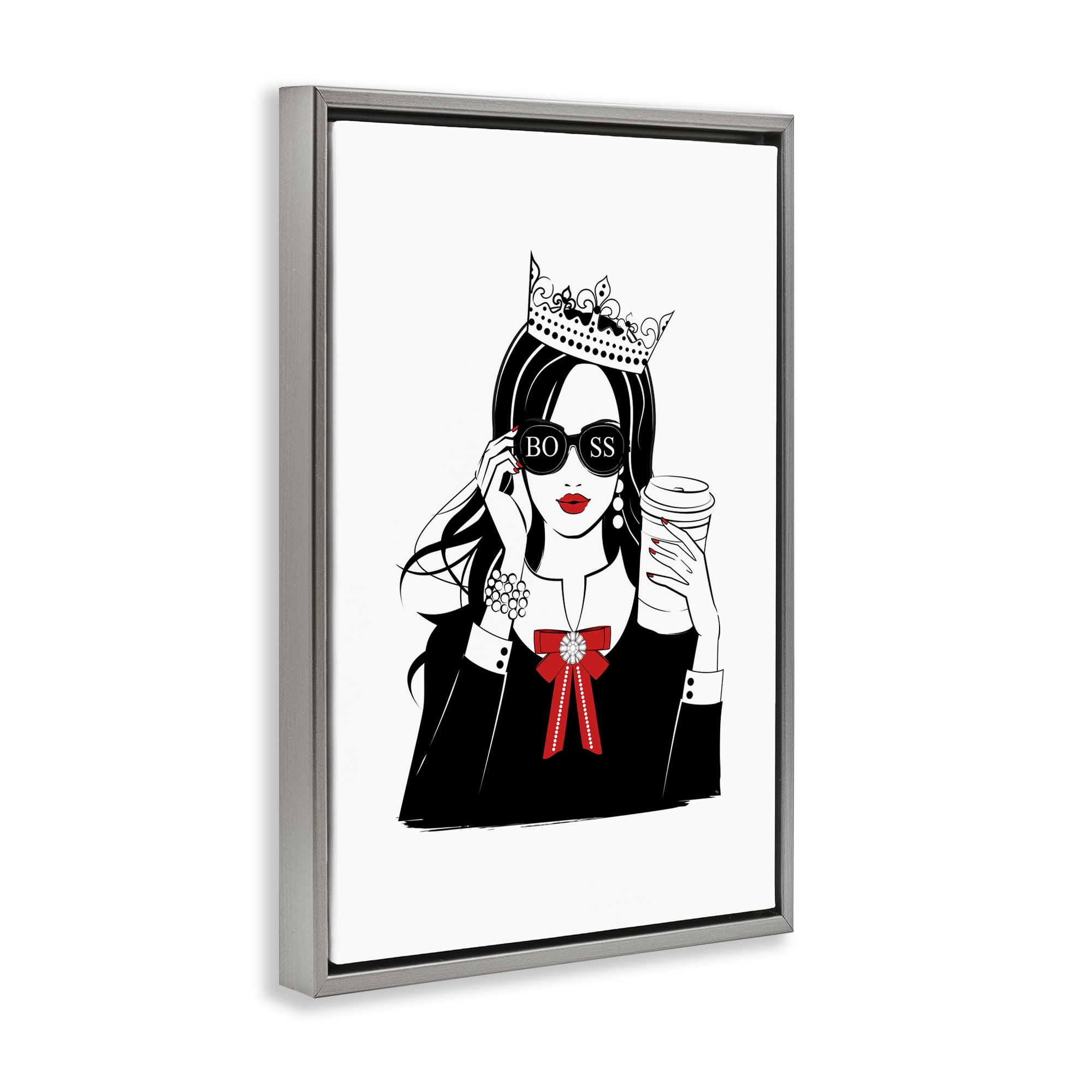 Stupell Industries Jeweled Girl Boss Novelty Painting Gray Floater Framed Art Print Wall Art, 21 x 31