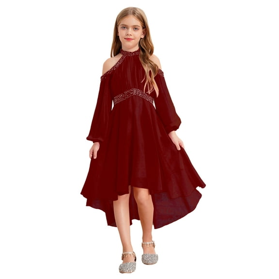 Hansber Junior Wedding Bridesmaid Dress Cold Shoulder Long Sleeve High-Low Hem Chiffon Flower Girl Dresses Burgundy 14