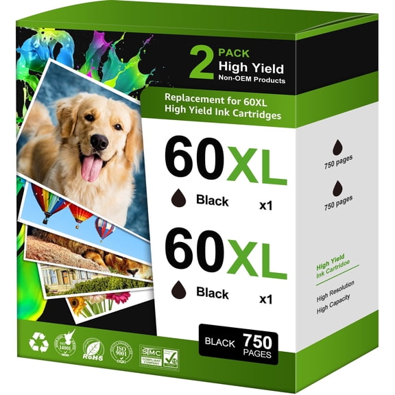60XL Ink Cartridge (2BK) Compatible with 60 Black Ink Cartridge  60 Ink Cartridge Envy 110 120