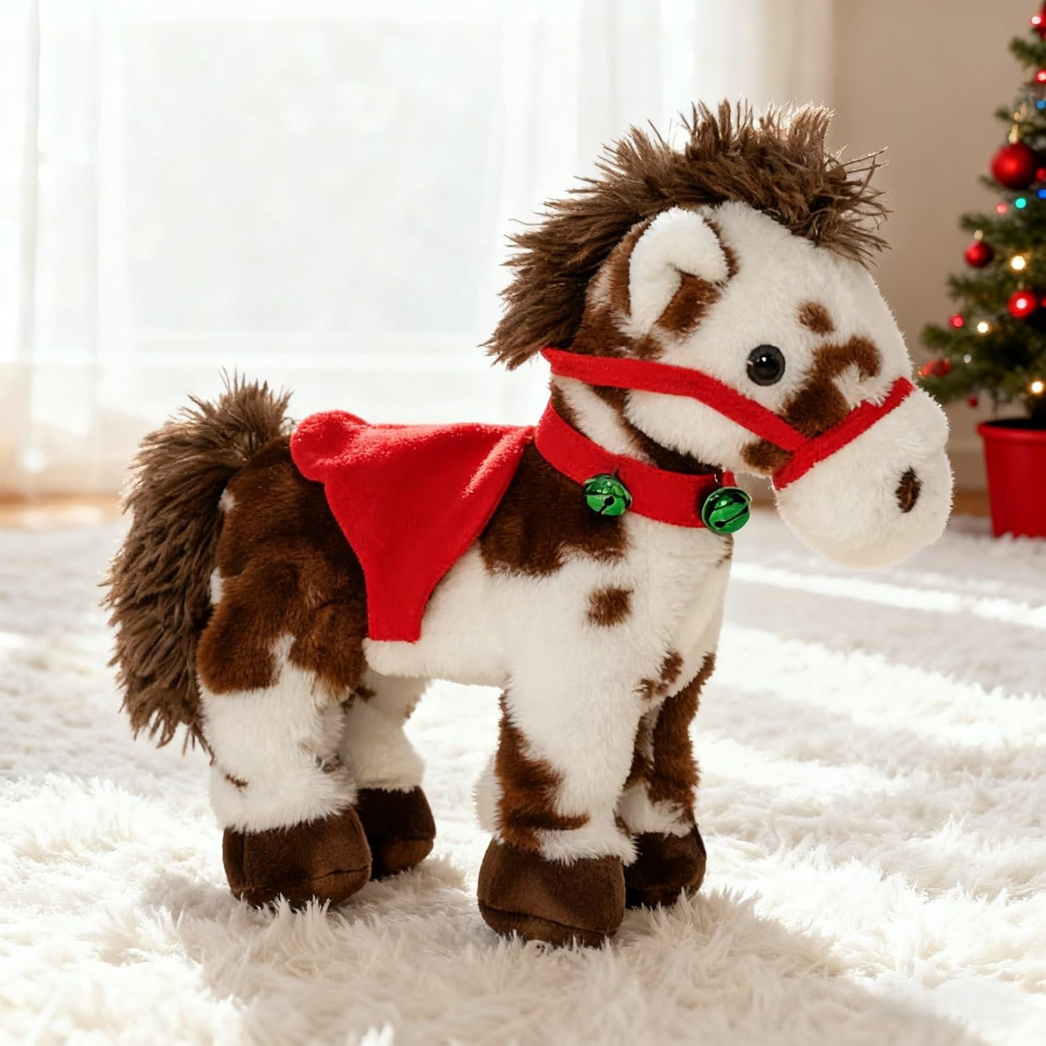 Spotted Animated Horse Christmas Horse Toy, Plush Interactive Horse Figures with Sound, Wagging Head Tail Stuffed Walking Horse with Red Saddle Green Jingle, Adorable Plushie Gifts for Christmas