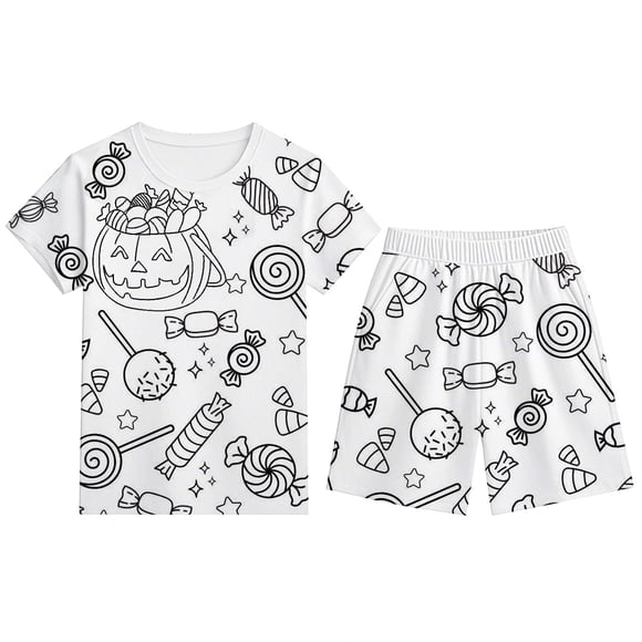 TIEVOSA Boys Pajama Set Halloween Print Short Sleeve Round Neck Shorts Outfit Comfortable Elastic Waist Casual Loungewear for Kids 2 12 Years for 7-8 Years(White)
