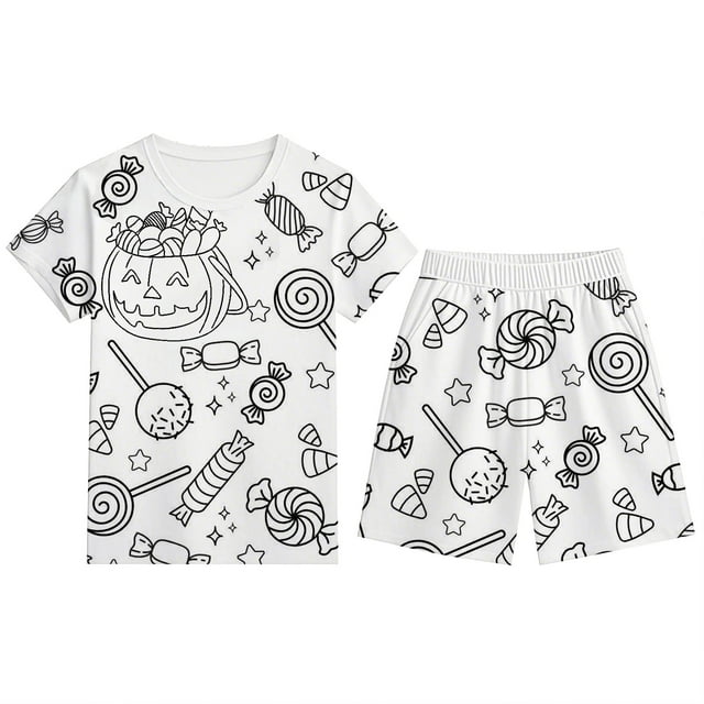 TBWNWG Ensembles et Ensembles pour Garçons Ensemble de Pyjama à Imprimé d'Halloween Confortable Manches Courtes Col Rond Shorts pour Enfants Tenue de Détente Décontractée 2-12 Ans, Taille 5-6 Ans
