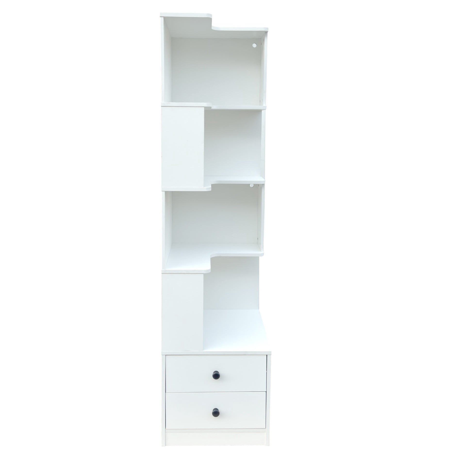Corner Bookshelf with Drawers, 4 Tier L Shaped Corner Shelf with LED Lights, Small Space Corner Bookcase Storage Organizer for Living Room Bedroom Office, White