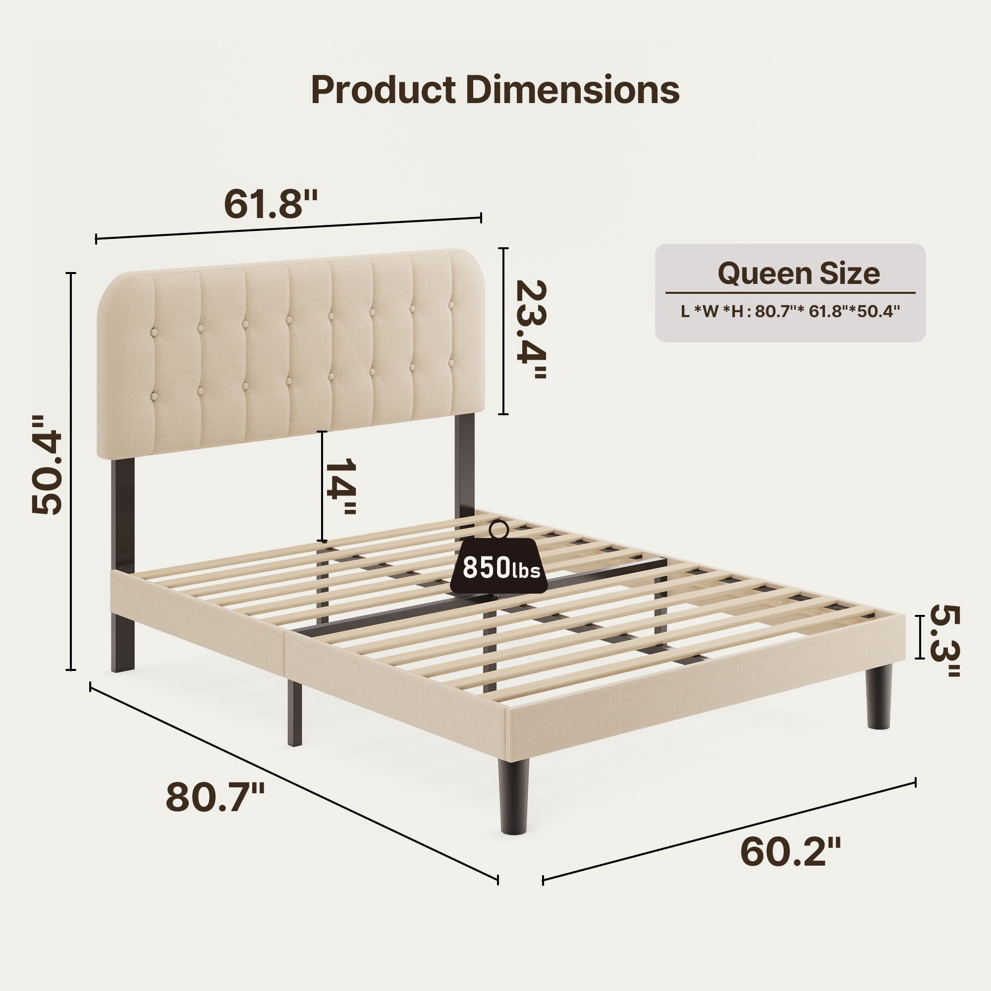 Jolifa Bed Frame Queen, Upholstered Platform Bed with Headboard, No Box Spring Needed/Easy Assembly, Beige