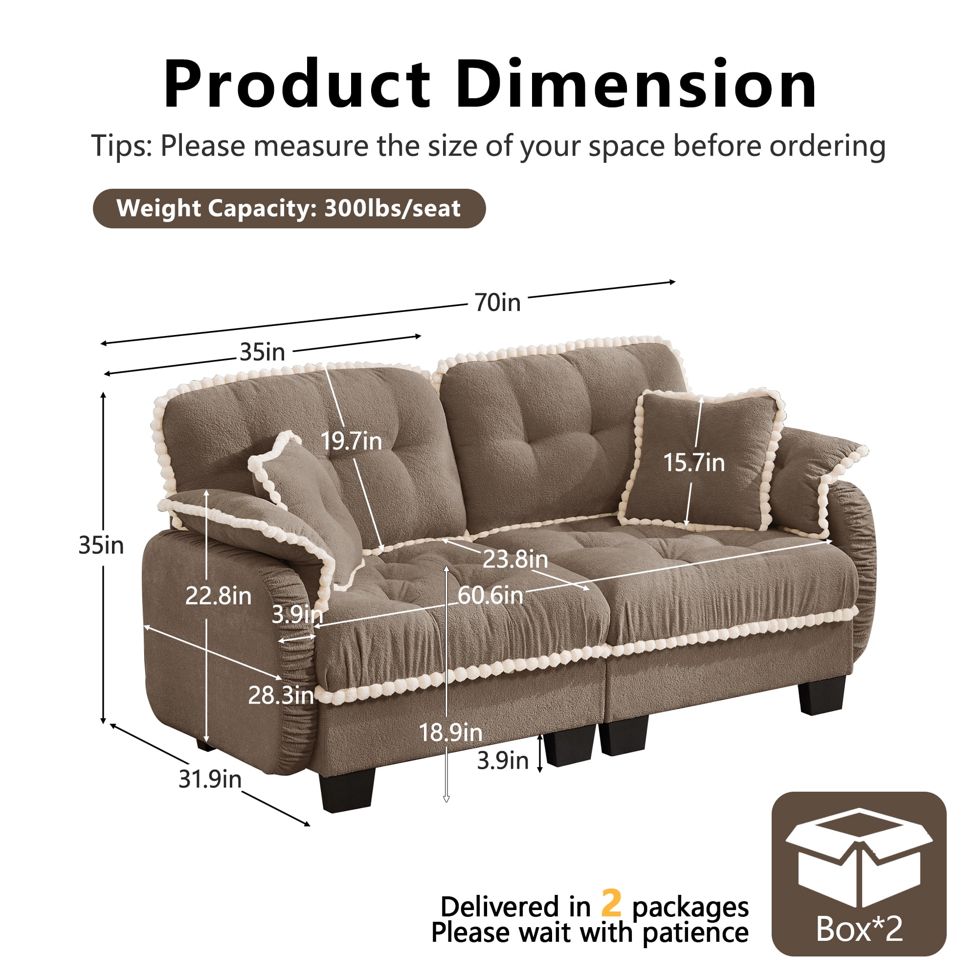 Anpport 70" Chenille Cloud Loveseat with 4 Pillows, Pom‑Pom Trim, Quilted Tufted Ergonomic, Easy Assembly Deep Seat for Living Room Apartment, Brown