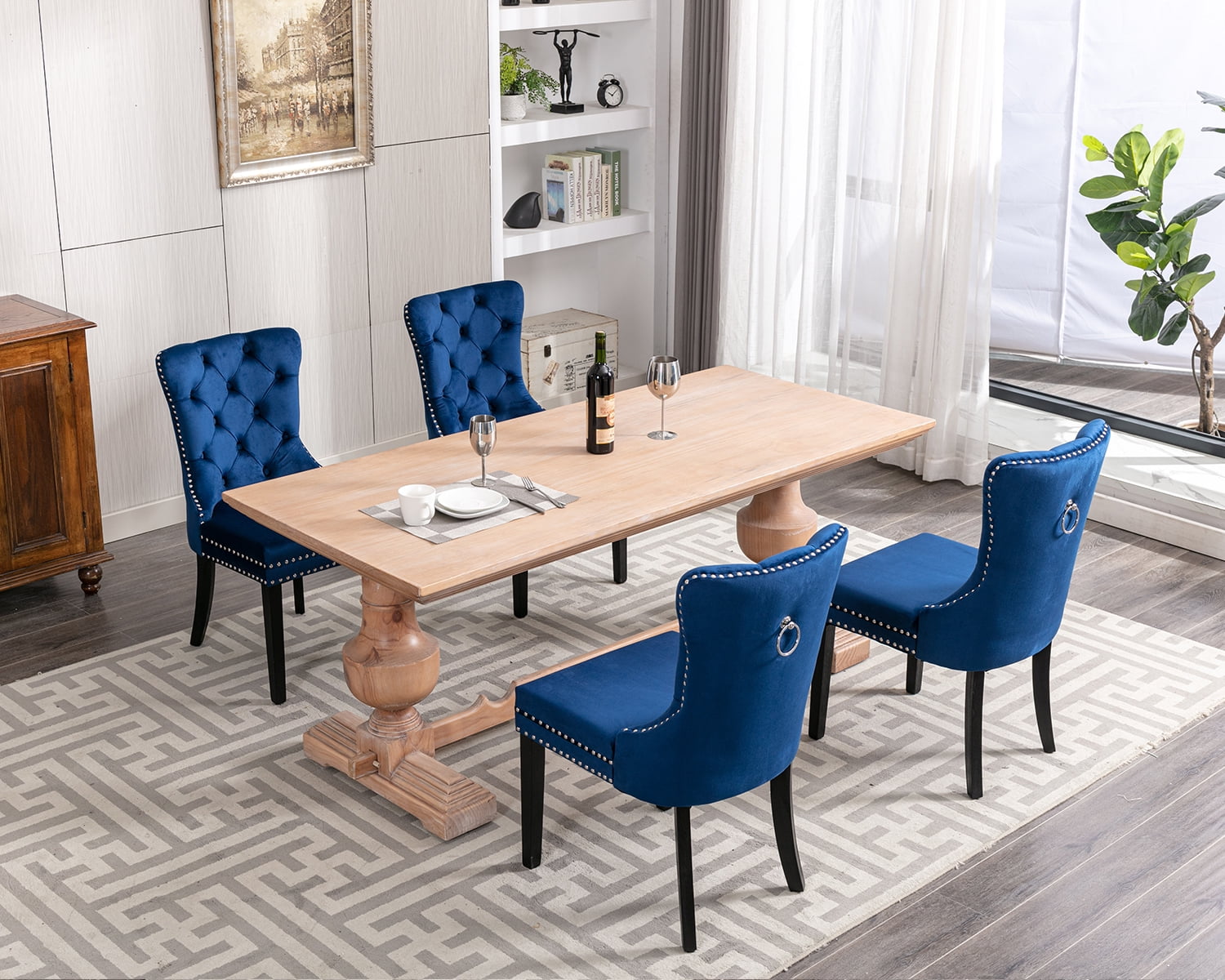 Velvet Dining Chairs Set of 4, Upholstered High-end Tufted Dining Room Chair with Nailhead Back Ring Pull Trim Solid Wood Legs, Contemporary Nikki Collection Modern Style for Kitchen, Blue